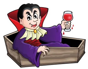 Classic Cartoon Vampire Clipart: Dracula Lounging in His Wooden Coffin with Wine Glass