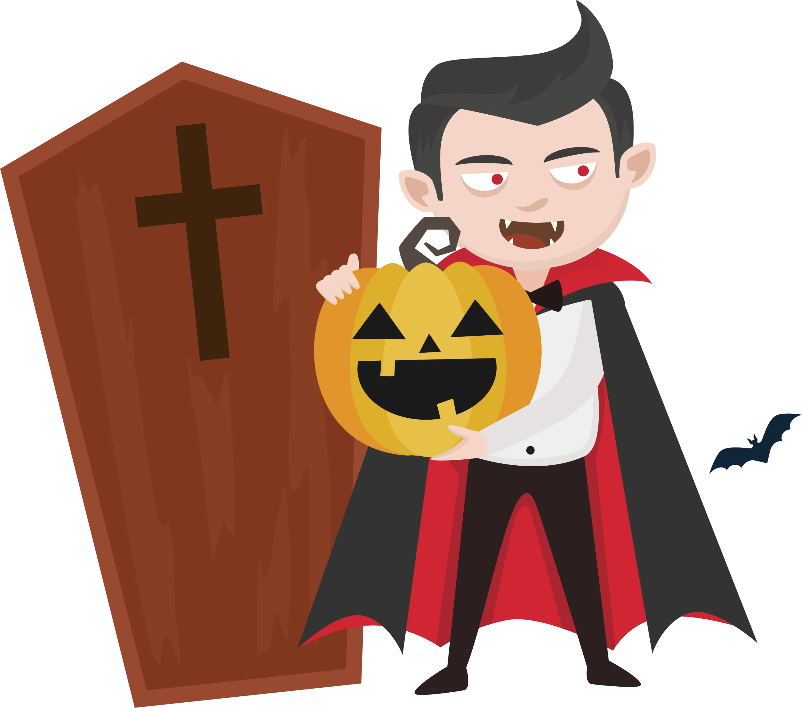 Spooky Halloween Vampire Cartoon Clipart with Jack-o'-Lantern and Coffin