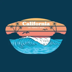 California Sunset Surf Scene Vintage Clipart Design with Iconic Palm Trees