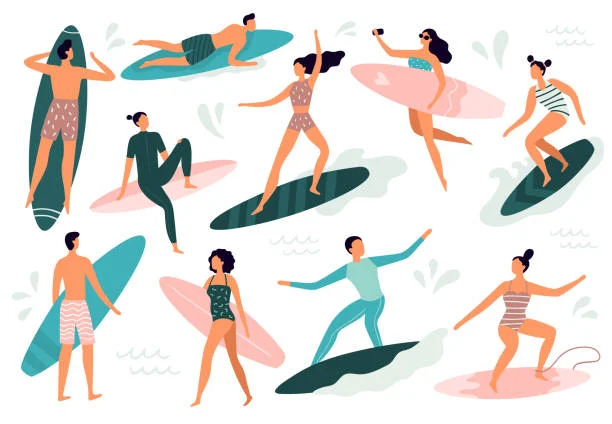 California Surf Culture Illustrated Clipart: Diverse Surfers Riding Waves in Stylized Design