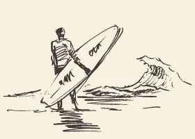 California Surf Scene Sketch Clipart - Lone Surfer Facing Dynamic Ocean Wave