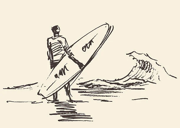 California Surf Scene Sketch Clipart - Lone Surfer Facing Dynamic Ocean Wave