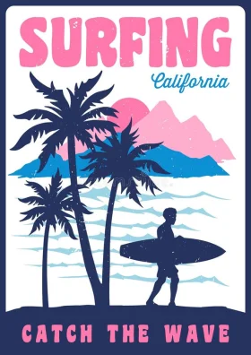 California Surfing Clipart: Epic Waves and Palm Tree Paradise Poster Design