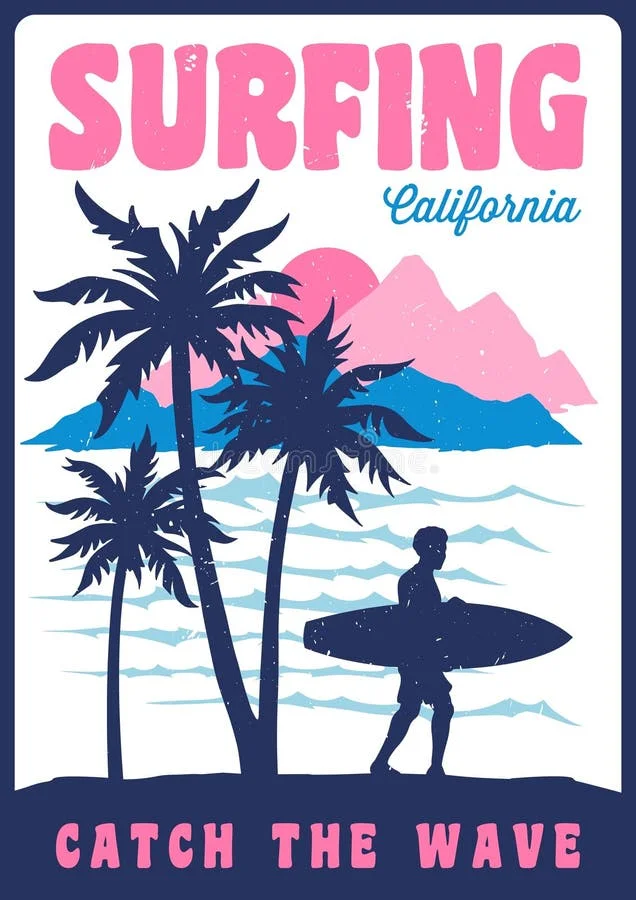 California Surfing Clipart: Epic Waves and Palm Tree Paradise Poster Design