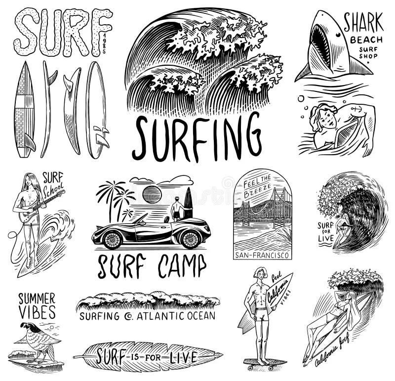 Classic Surfing Monochrome Illustration Clipart Collection: Waves, Boards, and Beach Culture