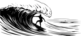 Epic Monochrome Surfing Silhouette Riding Massive Wave Coastal Clipart Design