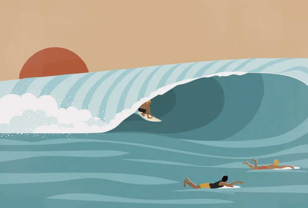 Minimalist California Sunset Surfing Scene with Ocean Waves Clipart Illustration