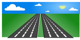 Multi-Lane Highway Perspective Clipart Illustration with Blue Sky and Green Landscape