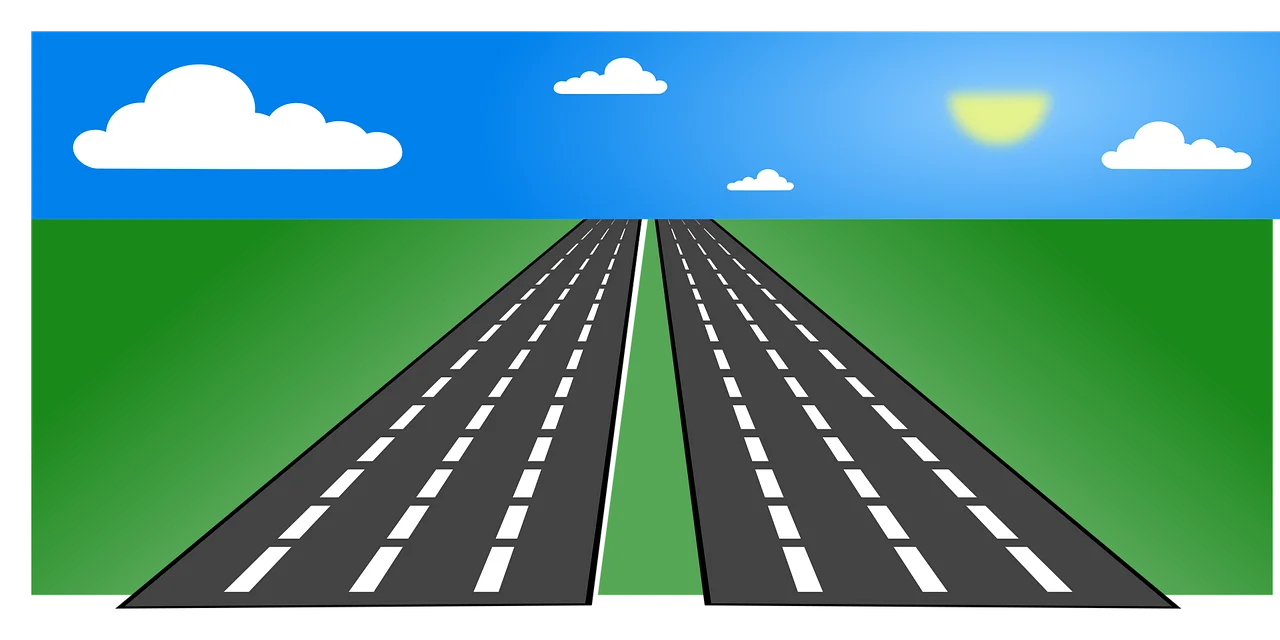 Multi-Lane Highway Perspective Clipart Illustration with Blue Sky and Green Landscape