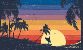 Retro California Sunset Surfing Clipart - Palm Trees Ocean Silhouette Landscape