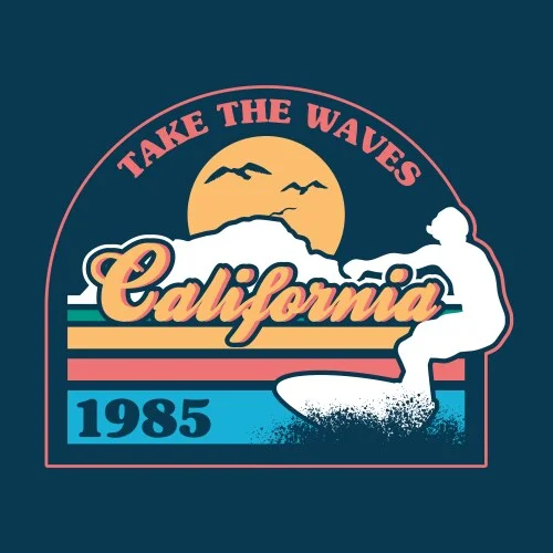 Retro California Surf Clipart Design Celebrating Iconic Coastal Waves 1985