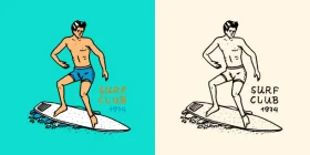 Retro California Surf Club Clipart: Vintage Surfing Illustration with Stylish Rider