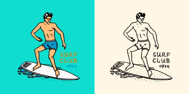 Retro California Surf Club Clipart: Vintage Surfing Illustration with Stylish Rider