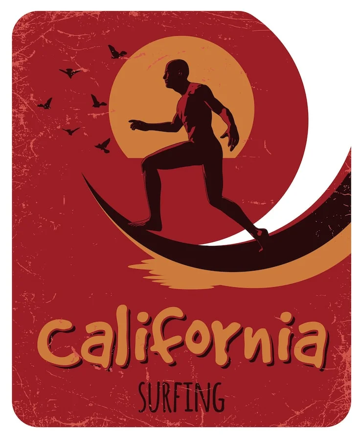 Retro California Surfing Clipart: Vintage Sunset Surf Culture Poster Design
