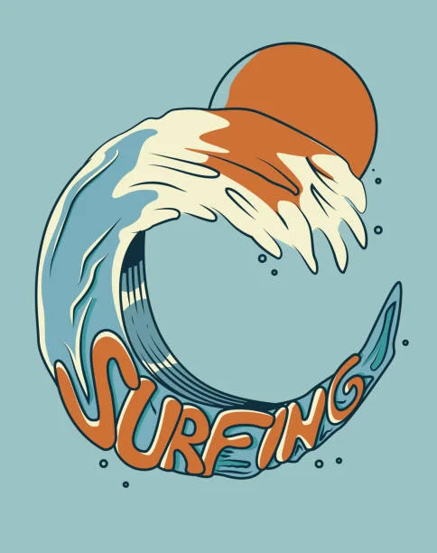 Retro California Surfing Wave Clipart Design with Sunset Ocean Motif
