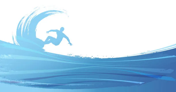 Serene Blue Ocean Wave Clipart Featuring Surfing Silhouette Dynamic Motion Design