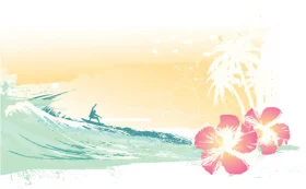 Serene California Surf Scene Clipart with Tropical Hibiscus Flower Accent