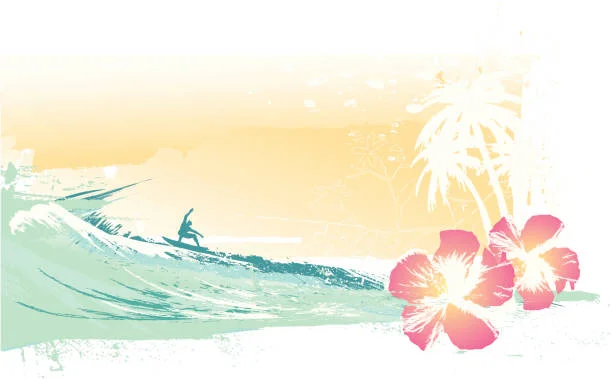 Serene California Surf Scene Clipart with Tropical Hibiscus Flower Accent