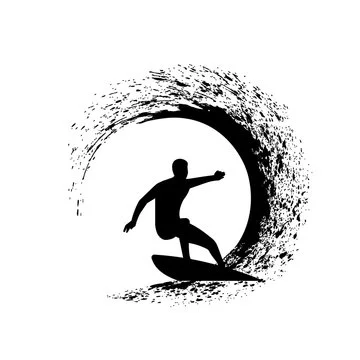 Silhouette Surfer Riding Dynamic Wave in Monochromatic Surf Clipart Design