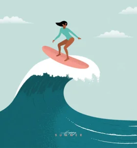 Stylish California Surfer Riding Massive Ocean Wave Clipart Illustration