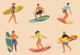 Sunny California Surf Culture Illustrated Surfers Clipart Collection