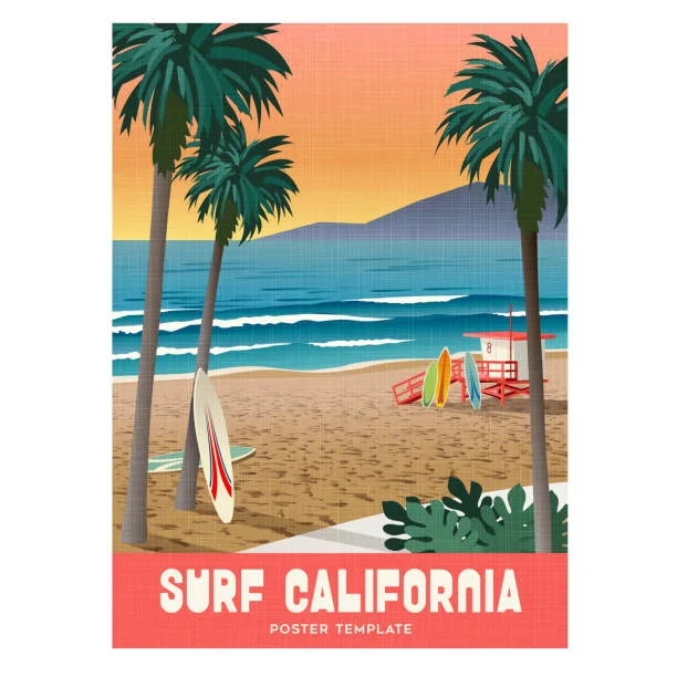 Surf California Vintage Beach Sunset Poster Clipart Design Landscape