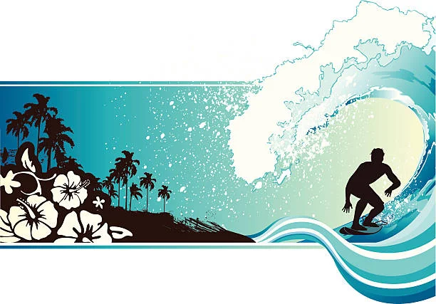 Tropical Surfing Scene Sunset Silhouette California Inspired Clipart Design