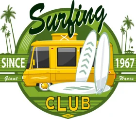 Vintage California Surfing Club Retro Woody Wagon Clipart Design from 1967