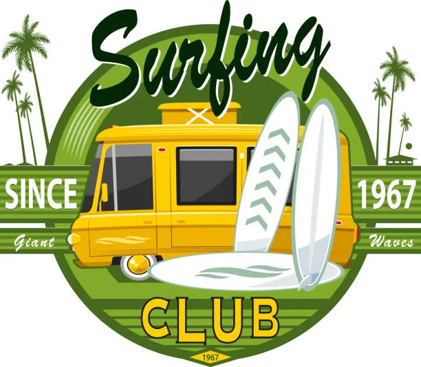 Vintage California Surfing Club Retro Woody Wagon Clipart Design from 1967