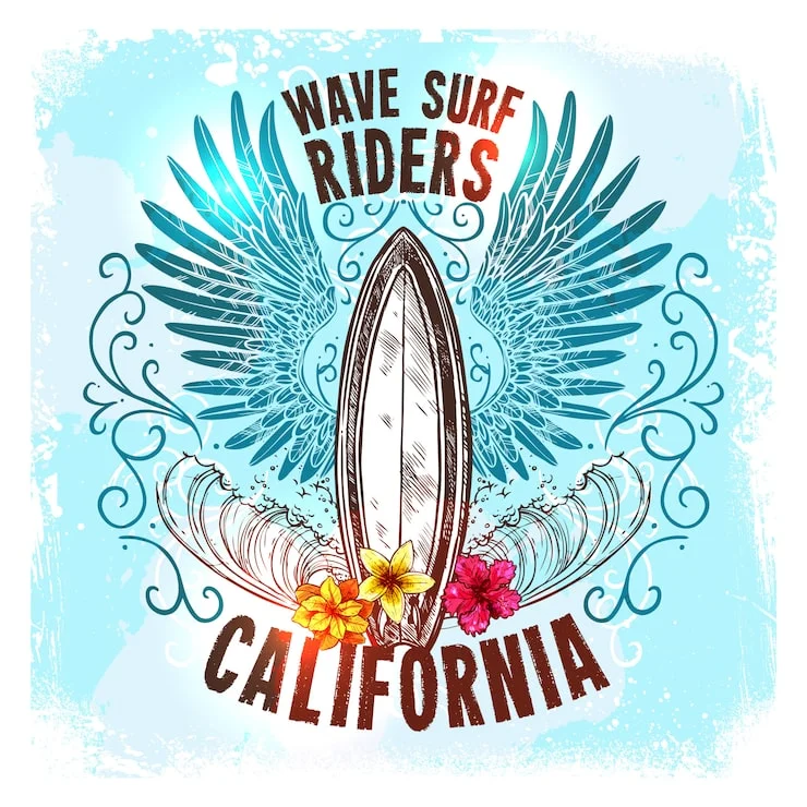 Wave Riders California Surf Clipart: Winged Surfboard Emblem with Tropical Flair