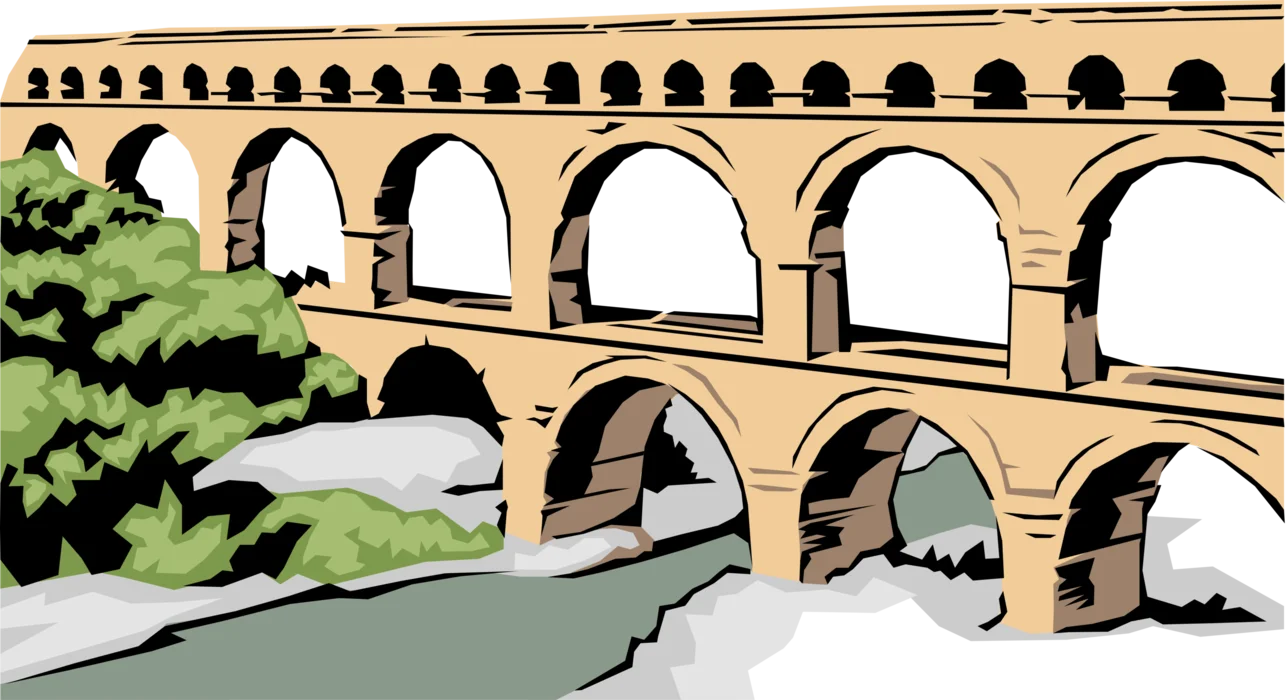 Ancient Roman Multi-Tiered Stone Aqueduct Bridge Architectural Clipart Illustration