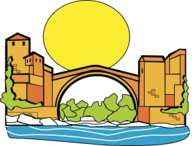 Ancient Stone Bridge Connecting Riverside Settlements with Warm Sun Clipart Design