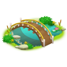 Whimsical Wooden Footbridge Crossing Tranquil Pond in Charming Clipart Illustration