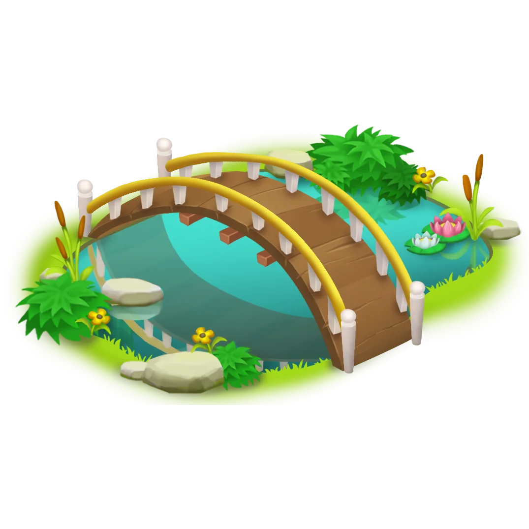 Whimsical Wooden Footbridge Crossing Tranquil Pond in Charming Clipart Illustration