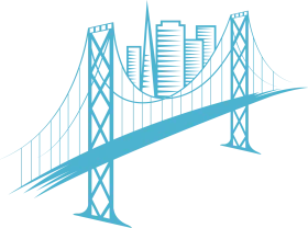 Minimalist Blue Urban Suspension Bridge Clipart with Cityscape Silhouette