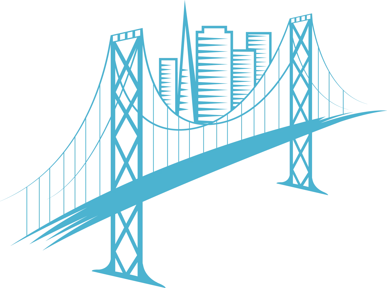 Minimalist Blue Urban Suspension Bridge Clipart with Cityscape Silhouette
