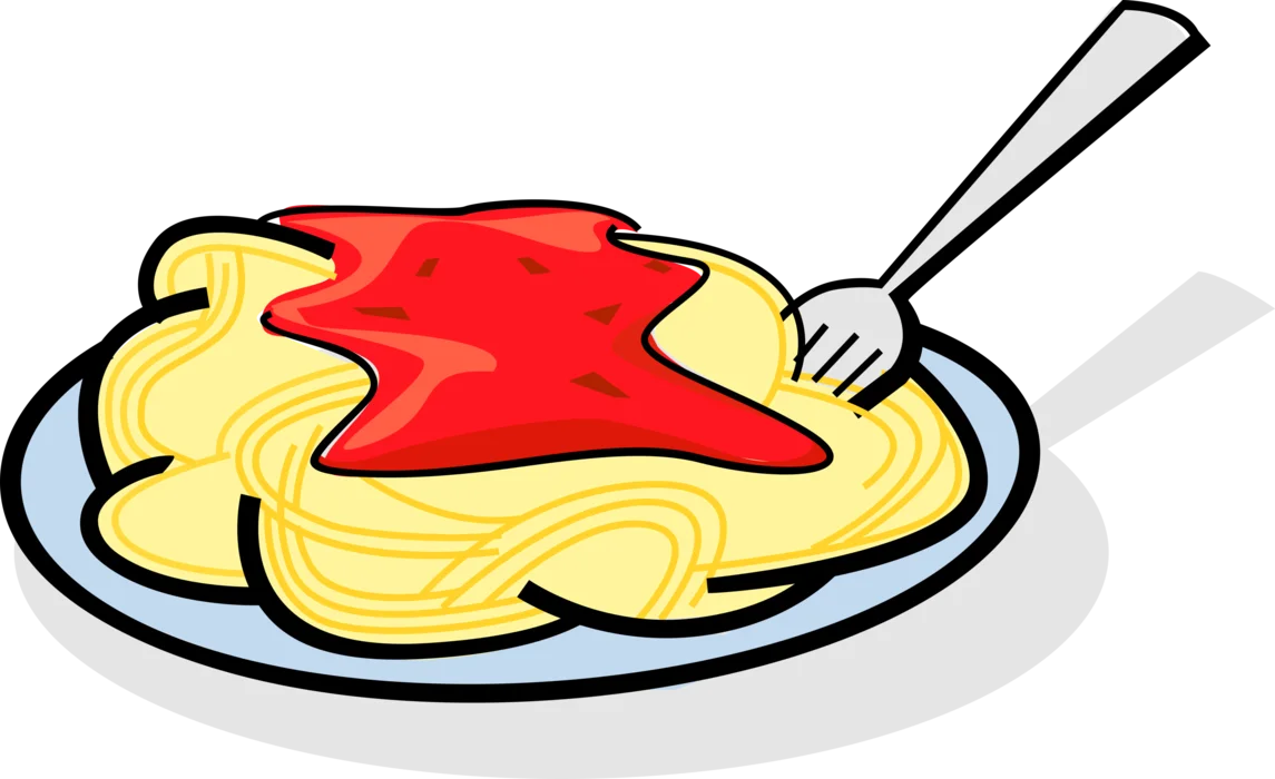 Cartoon Spaghetti Clipart with Red Sauce on Blue-Rimmed Plate