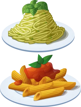 Delectable Pasta Clipart: Pesto Spaghetti and Classic Tomato Penne Illustration