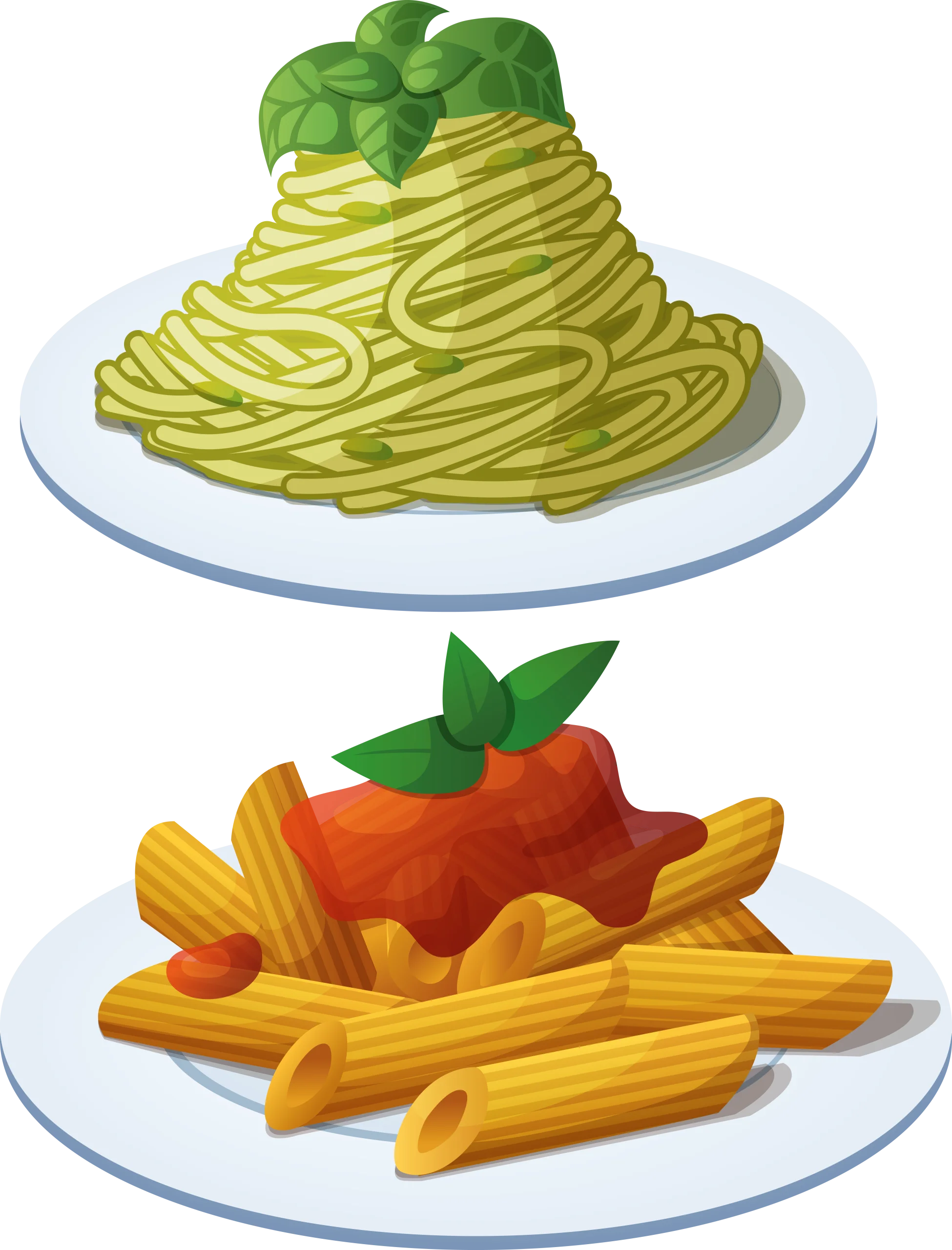 Delectable Pasta Clipart: Pesto Spaghetti and Classic Tomato Penne Illustration