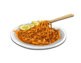 Delectable Spicy Noodles Clipart with Chopsticks and Cucumber Garnish