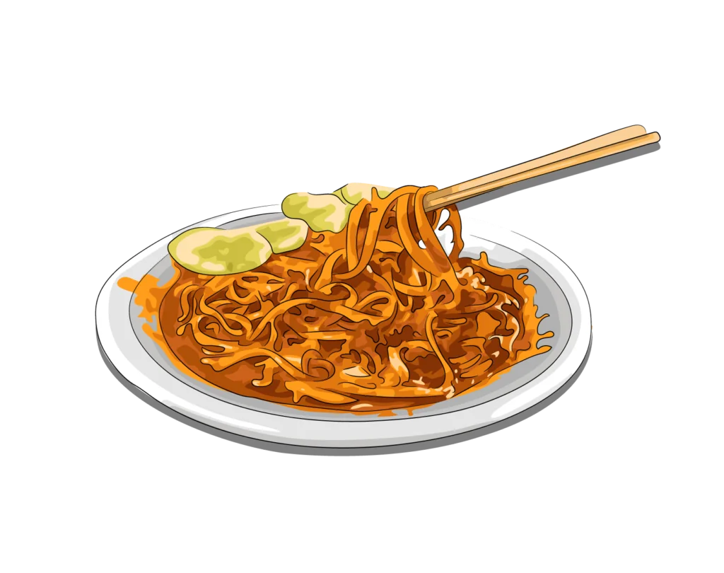 Delectable Spicy Noodles Clipart with Chopsticks and Cucumber Garnish