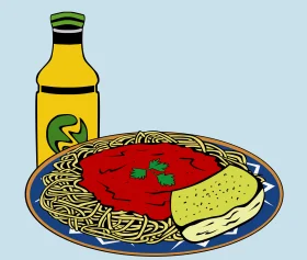 Delightful Spaghetti Meal Clipart with Olive Oil and Garlic Bread