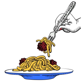 Delightful Spaghetti Pasta Twirl Clipart with Playful Hand and Berries