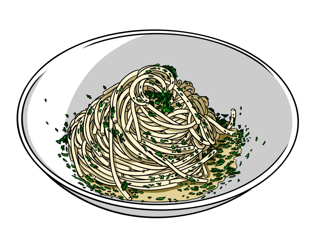 Minimalist Green Herb-Sprinkled Spaghetti Clipart Illustration on Ceramic Plate