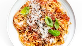 Rustic Spaghetti Bolognese Clipart with Fresh Basil and Parmesan Cheese Topping