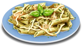 Rustic Spaghetti Pasta Clipart with Fresh Basil Leaves on Blue Ceramic Plate