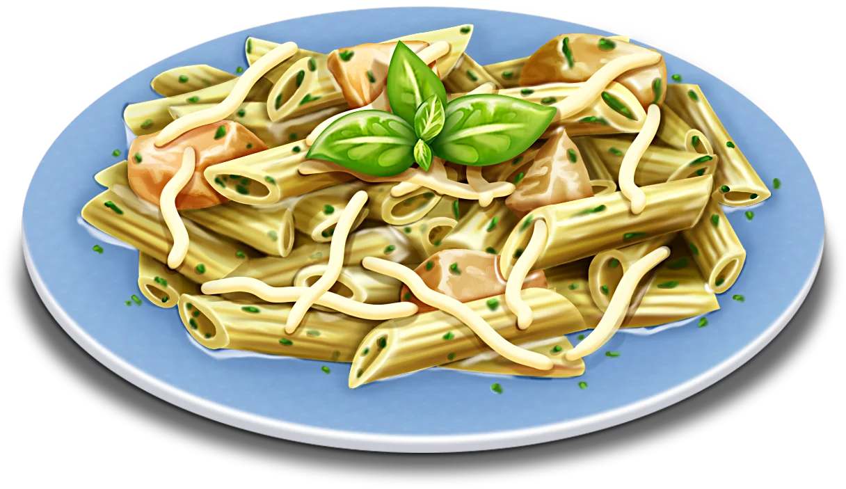 Rustic Spaghetti Pasta Clipart with Fresh Basil Leaves on Blue Ceramic Plate