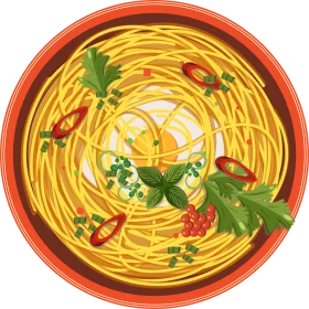 Whimsical Spaghetti Pasta Clipart with Red Chili Peppers and Green Herbs
