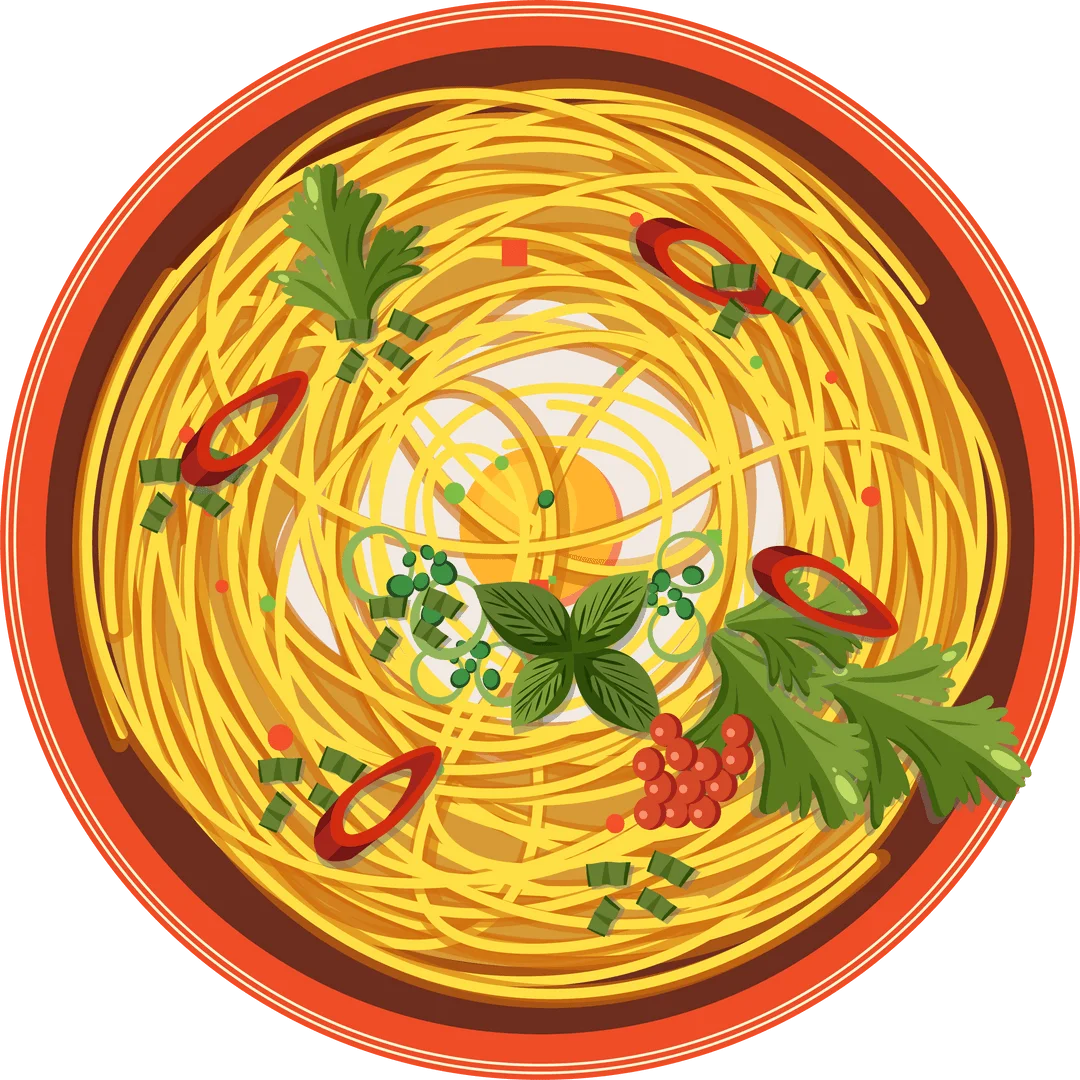 Whimsical Spaghetti Pasta Clipart with Red Chili Peppers and Green Herbs