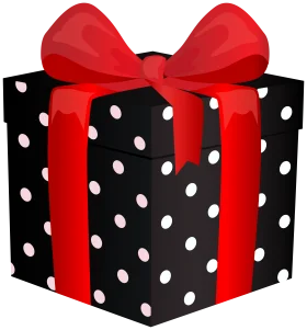 Festive Black and White Polka Dot Gift Box with Bright Red Ribbon Clipart Design